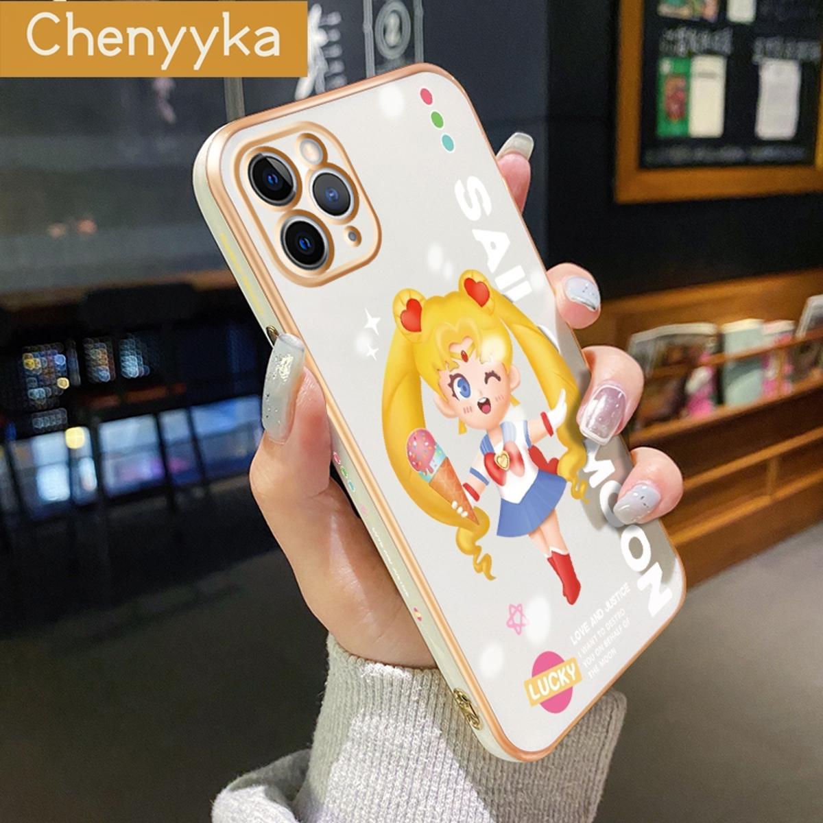 Chenyyka For IPhone 11 Pro Max Case With Cute 3D Sailor Moon Pattern Side Edge Square Luxury Plating Silicone Soft Case Shockproof Phone Cases