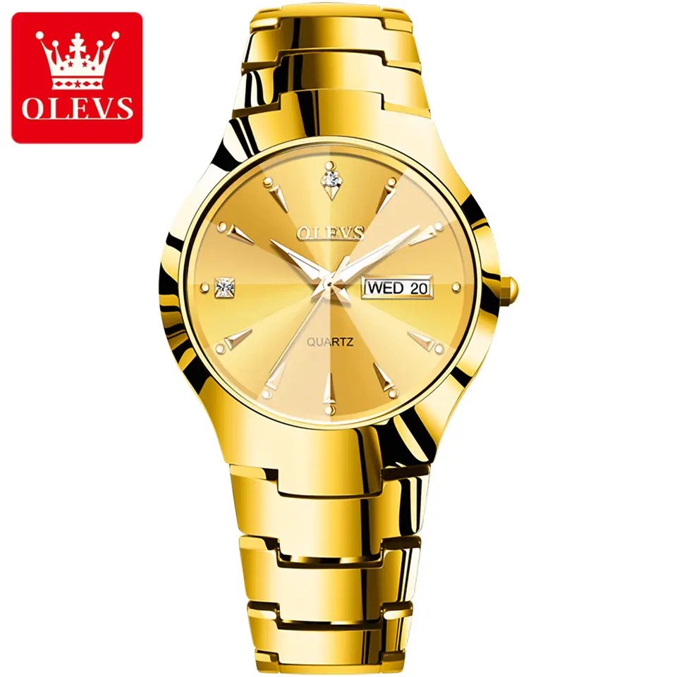 Olevs 8697 Golden Tungsten Steel Analoge Wrist Watch For Men. 