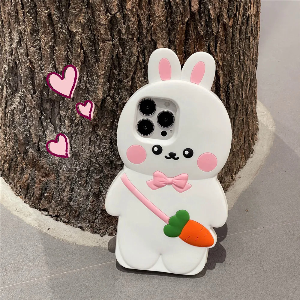 【Pioneer Gong】3D Cartoon Backpack Carrot Rabbit Lovely Bunny Soft Silicone Cover Phone Case For iPhone 11 12 12Pro 12ProMax 13 14 Pro Max Capa. 