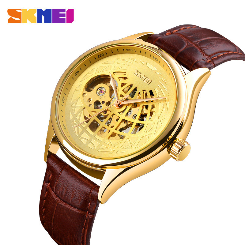 Timely beauty automatic fashion hollow men's mechanical watch SKmei business all-match leather high-end brand watch. 