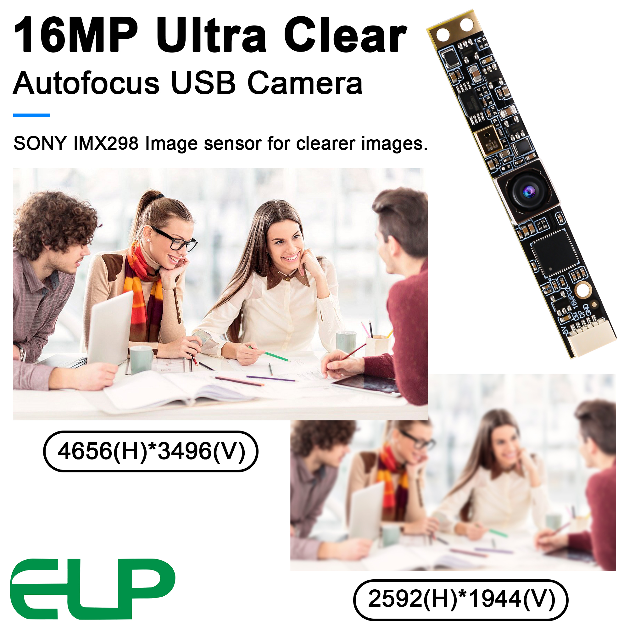 ELP 16MP Autofocus USB Camera Module with Mic No Distortion Lens Ultra HD Webcam Super Mini Audio Video Camera with 68 Degree. 