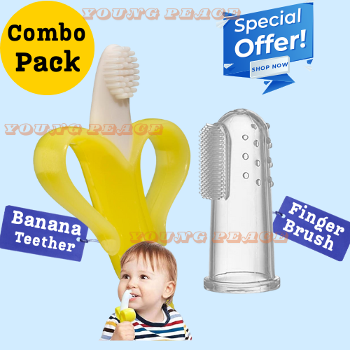 Finger Baby Toothbrush and Banana Teether, Soothing Pain Relief Silicone Baby Teething Toy for Babies, Toddlers, Infants, BPA Free(1 Teether and 1 Finger Toothbrushes)