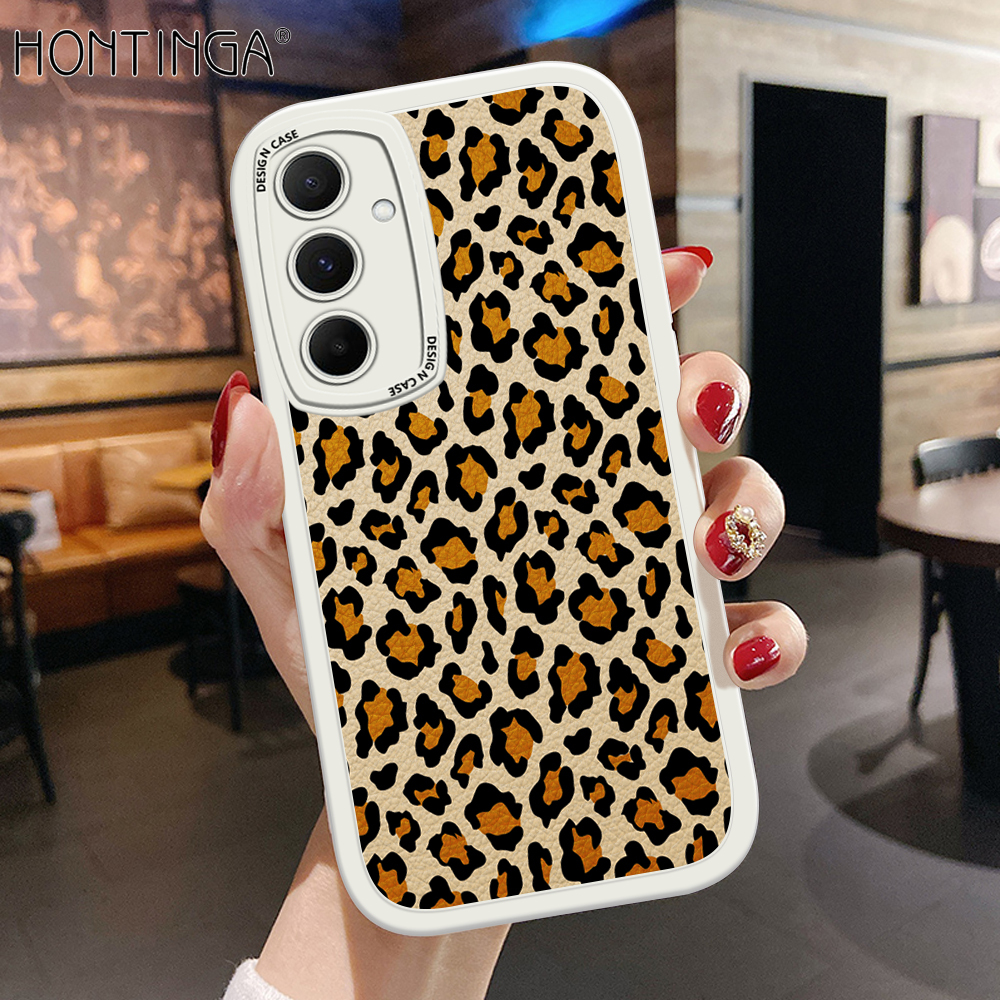 Hontinga for Samsung A35 5G A55 5G Back Cover PU Leather Fashion Leopard Grain Phone Case Soft Silicone Edge Mobile Cover