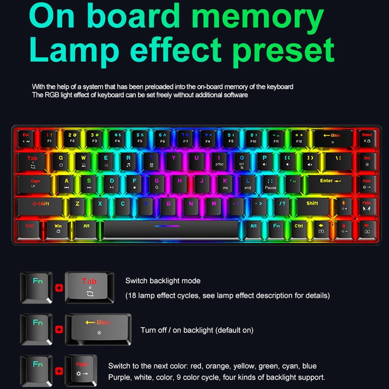 ZIYOU LANG T8 68 Keys RGB Luminous Gaming Mechanical Keyboard, Cable Length:1.6m. 