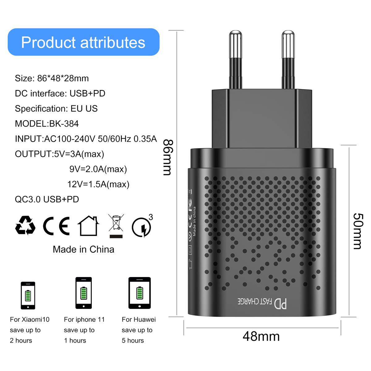 18W PD Fast Charger USB C Quick Charging QC 3.0 Phone Adapter US EU Plug Type-C for Android