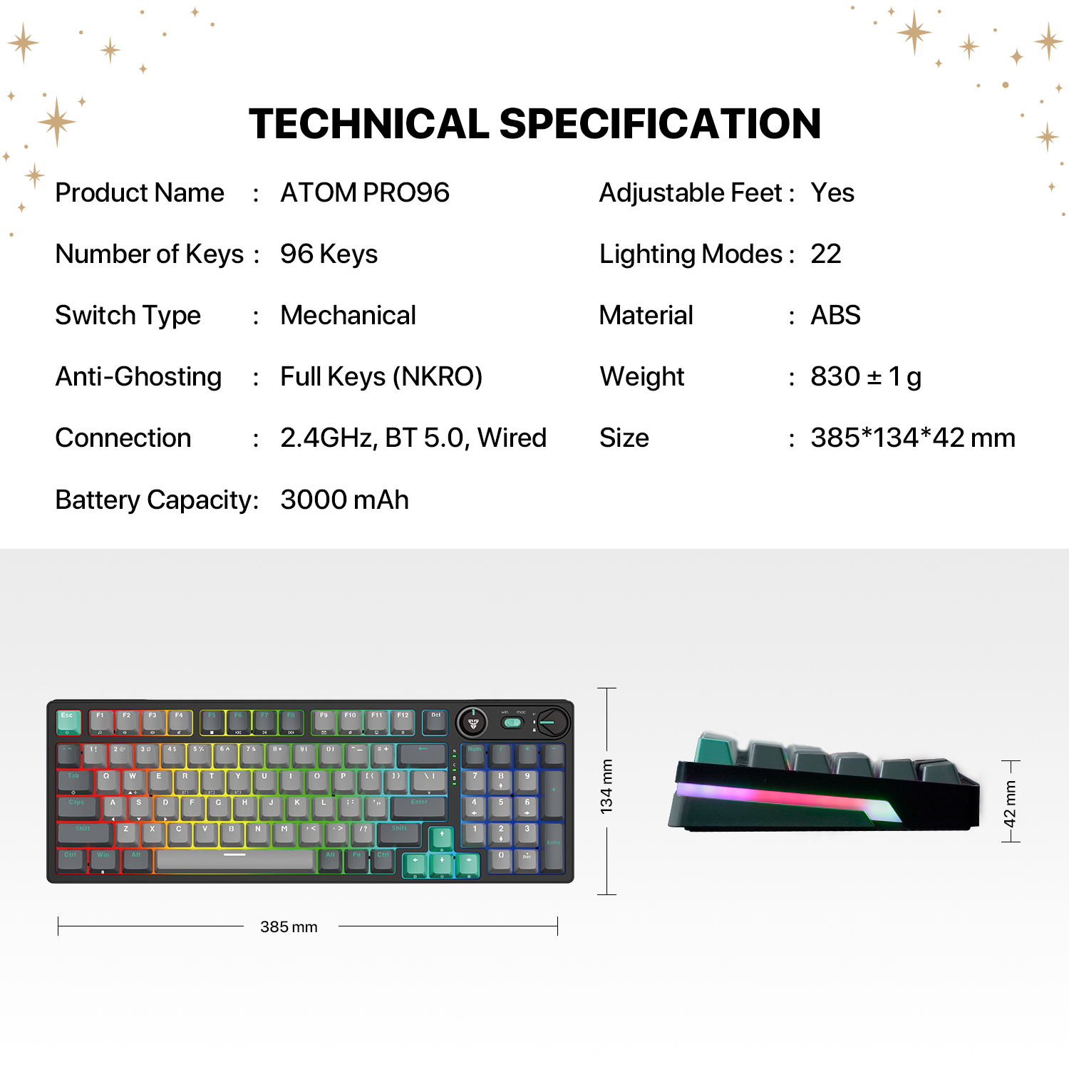 FANTECH MK914 ATOM PRO96 STELLAR EDITION RGB Mechanical Gaming Keyboard Mercury Black & Saturn Grey Layout Red Switch & Blue Switch. 