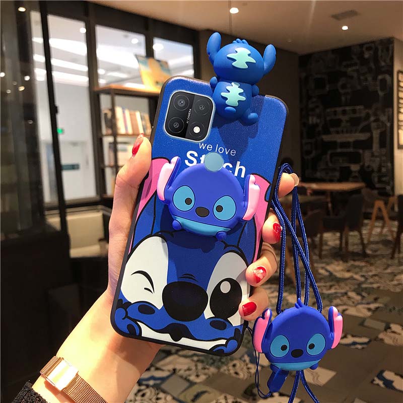 Cartoon Cute Stitch Phone Case For OPPO A15 A15s A54 A16 A94 Reno 5F A93 Reno4 F Reno4 Lite A91 Reno 3 A52 A92 A9  A5  A7 A5s A12 A3s A12e A37 Silicone TPU Back Cover Case with Lanyard Holder Stand. 