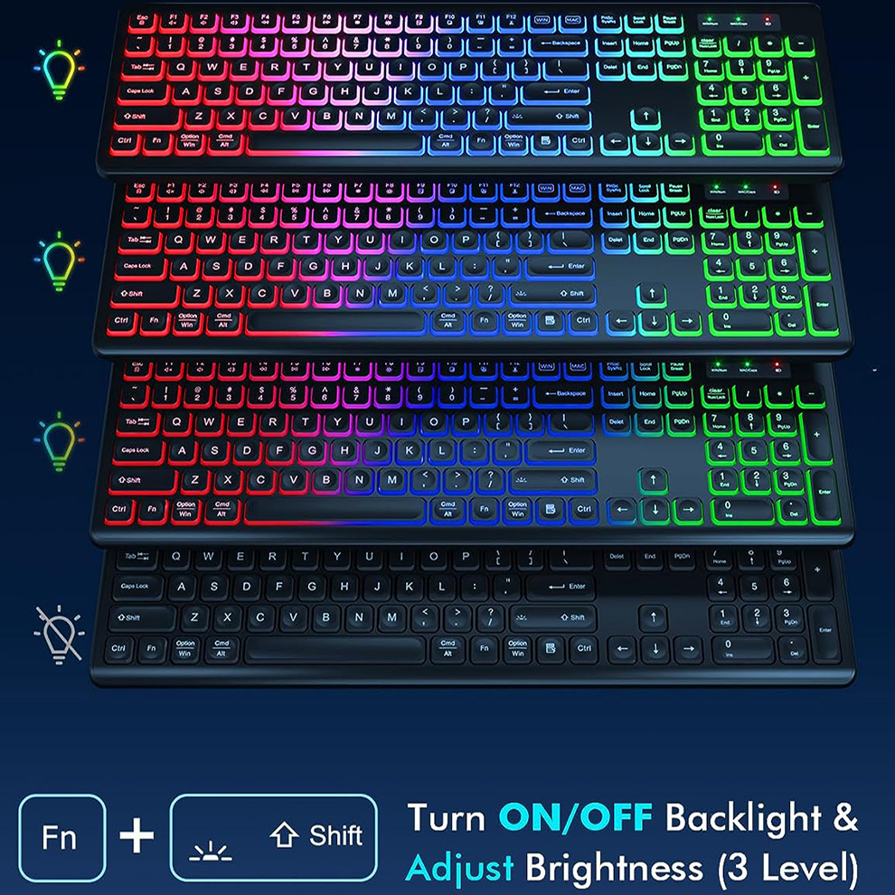 Wireless Keyboard and Mouse Combo RGB Backlit, Rechargeable Light Up Letters, Full-Size, Ergonomic, Sleep Mode, 2.4GHz. 