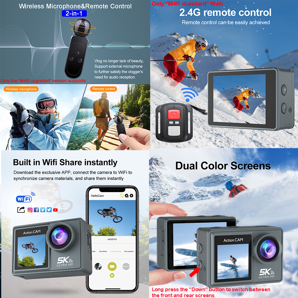 5K 4K60FPS Action Camera Dual IPS Touch LCD DVR EIS 170° 30M Waterproof 5X Zoom Sport Camera With Wireless Mic&Remote Control. 