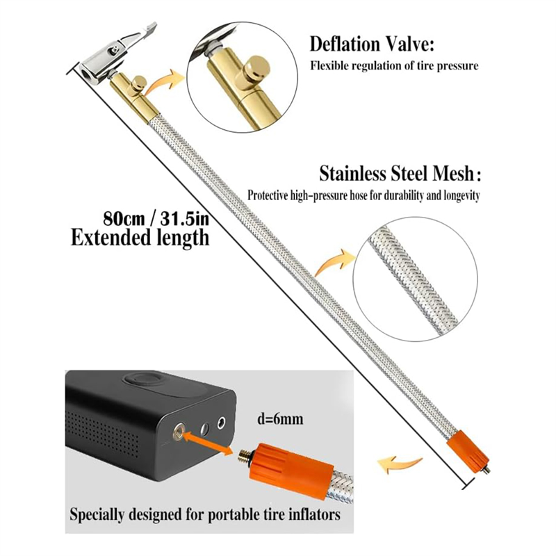 Extended Portable Air Compressor Tire Inflator Replacement Hose with Stainless Steel Mesh for Protection, Air Pump Tube,. 