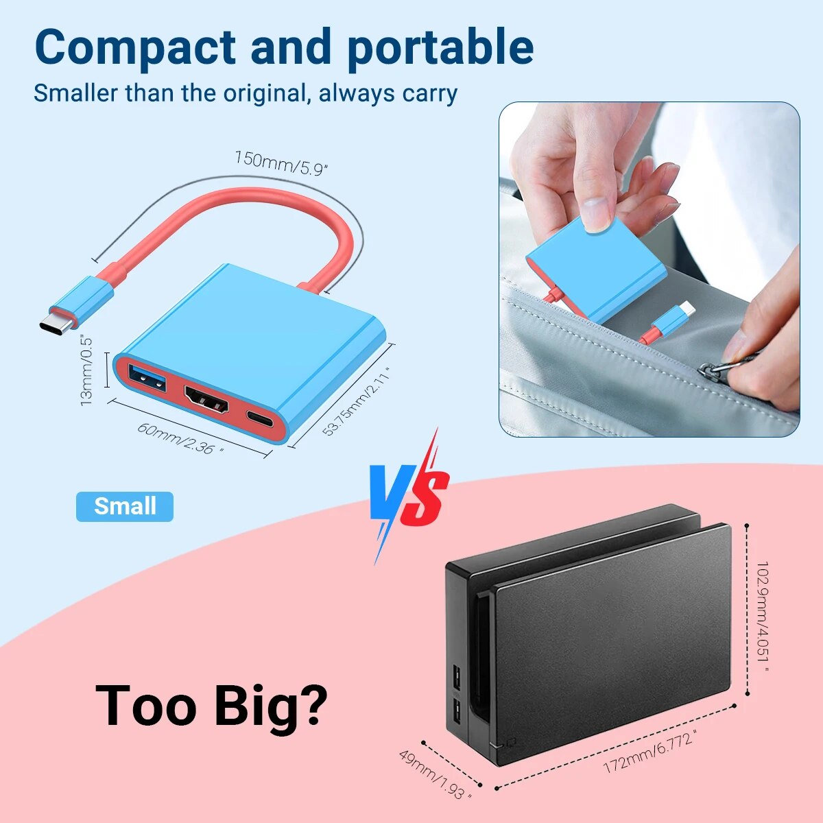 Portable Switch TV Dock 3 in 1 USB-C Game Hub with 4K HDMI,USB3.0(5Gbps) ,PD 100W Ports for Nintendo Switch/OLED Mac Pro/Air. 