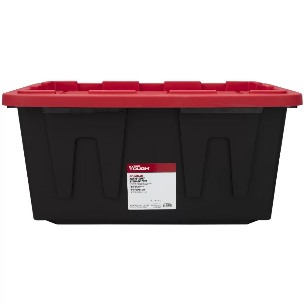 Hyper Tough 27 Gallon Stackable Snap Lid Plastic Storage Bin Container, Black with Red Lid, Set of 4. 