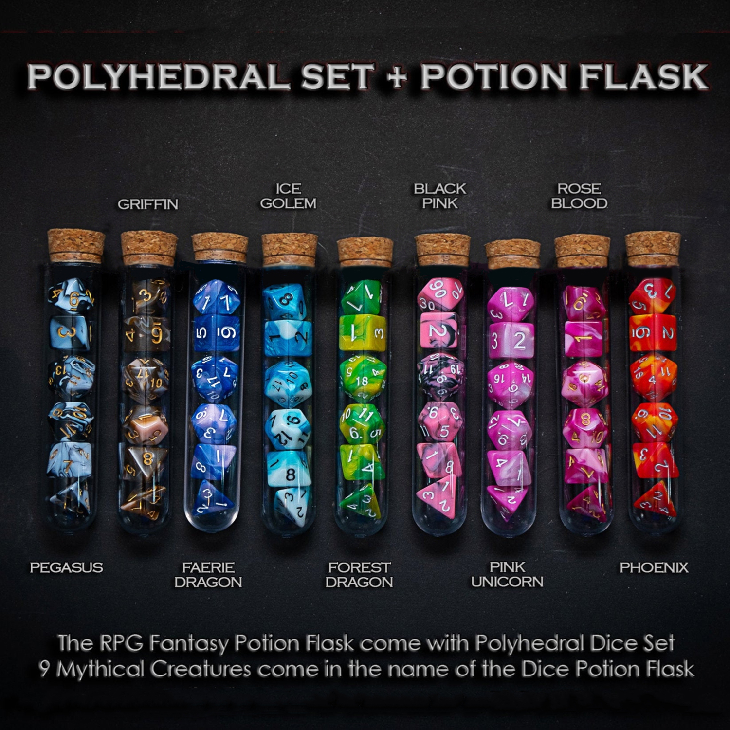 Mythology Polyhedral D D COC Dice Set 7Pcs/Set RPG Fantasy Potion Flask | DND Dungeons and Dragons Dice Set for Table Games