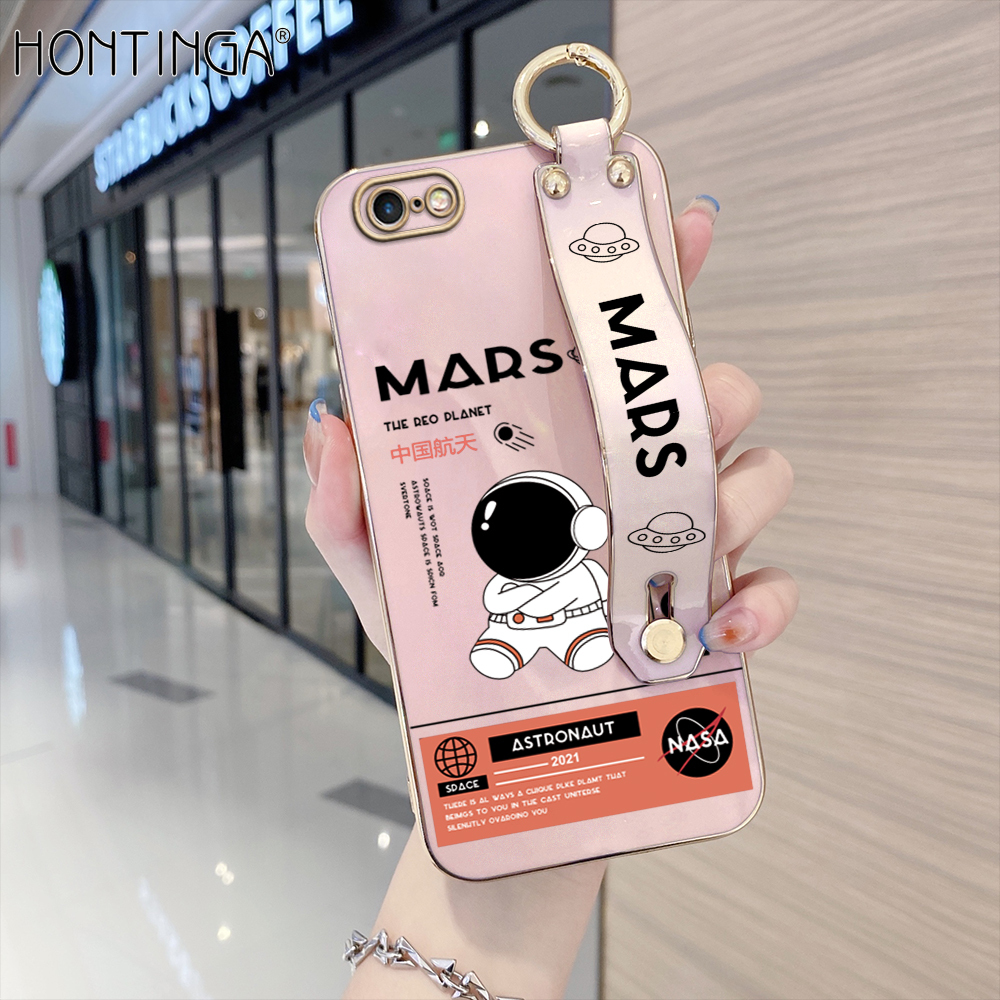 Hontinga for iPhone 6 Plus / 6S Plus Back Cover With Wristband Luxury 6D Plating Cute Space Astronaut  Case Soft Silicone Square Phone Cases. 