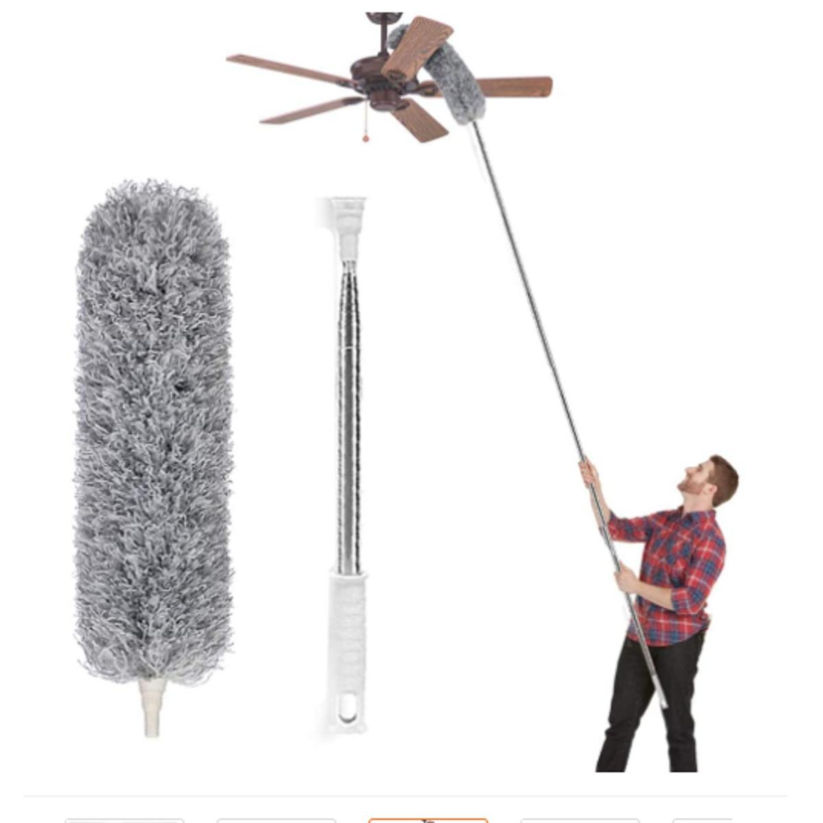 2.5M Extendable Feather Duster Stainless Steel Bendable Microfiber Duster for Cleaning High Ceiling Fan, Interior Roof, Cobweb Home Cleaning Tools