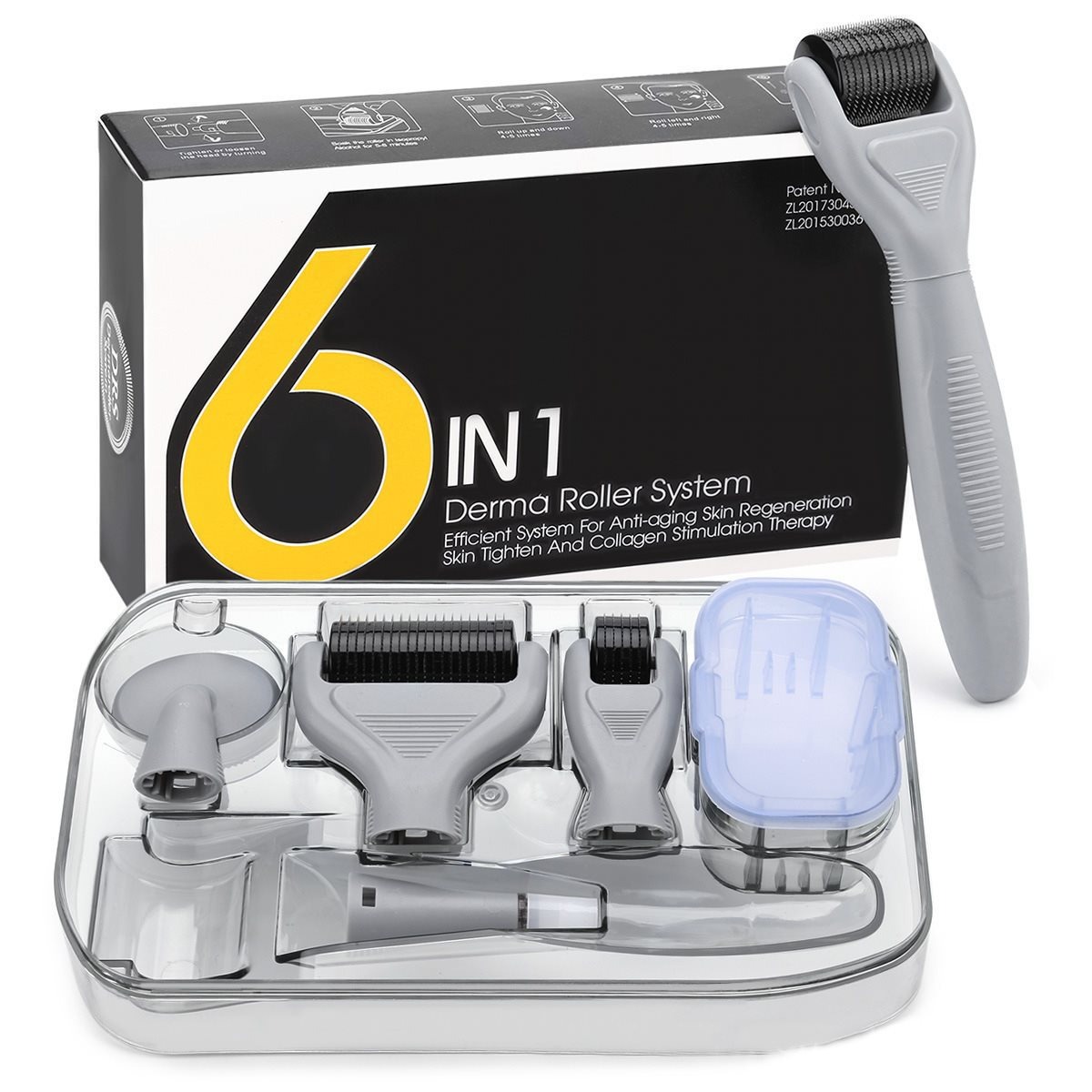 6 in 1 Derma Roller Kit for Face and Body, Titanium Microneedling Dermaroller Cosmetic Needling Instrument Microneedle with 5 Replaceable Heads. 