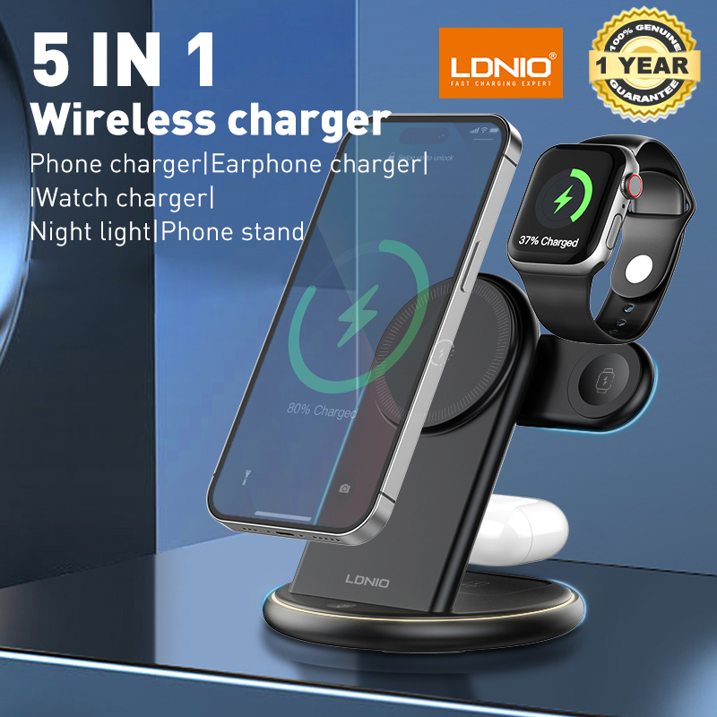 LDNIO Magnetic Wireless Charger Stand for iPhone/ iWatch/ AirPods Pro 2nd, Compatible with iPhone 12/13/14/15 Series, for iWatch S1/S2/S3/S4/S5/S6/S7/S8/S9/S10/Ultra/SE, for AirPods Pro 2nd/AirPods 3nd, Built-in Dimmable Night Light. 