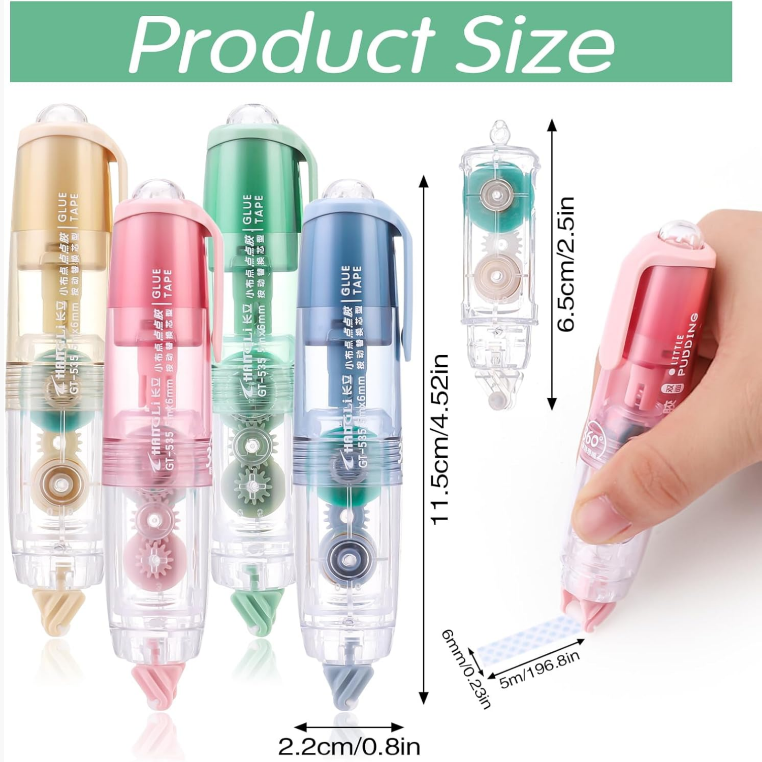 Glue Tape, Retractable Glue Tape Roller, Double Sided Tape Dispenser with Tape Refills, Transparent Tape Pen for Crafting, Cards, Photo, Journal and Scrapbooking(5mx6mm)