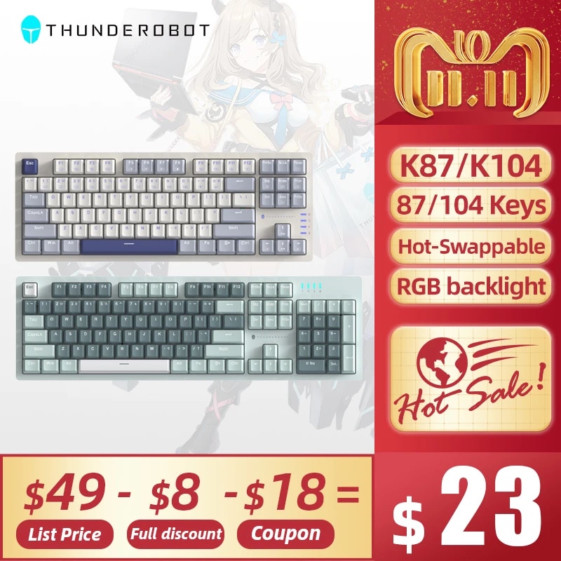 THUNDEROBOT Mechanical Gaming Keyboard Red Brown Switch Hot Swappable PBT Keycaps Wired Full Size K87 K104 PC Keyboard Gamer RGB