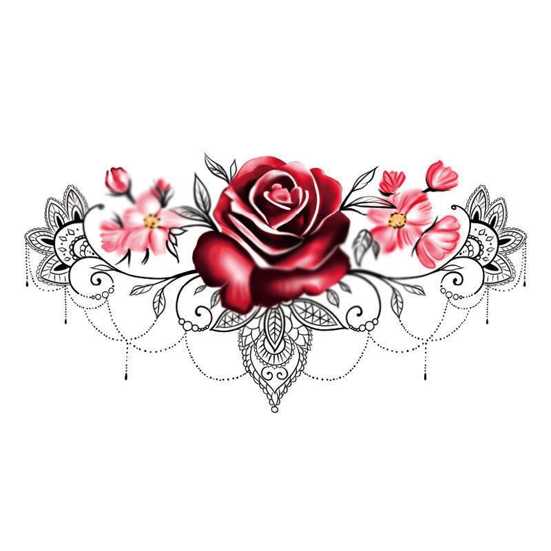 Half tattoo attached to the belly wings lace rose flowers cover the belly and lower abdomen real woman one piece cross. 