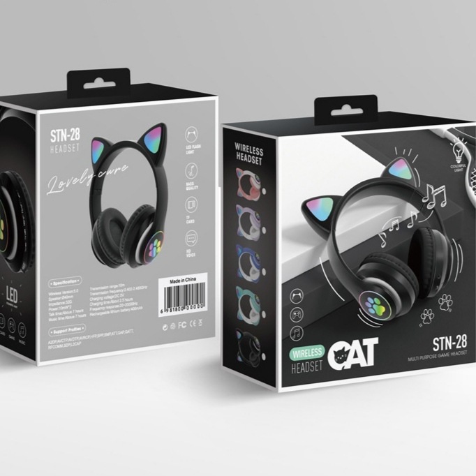New S-28 Cat Ear Headworn Bluetooth Earphones with Sparkling Light 5.0 Wireless Sports and Leisure Card Folding. 