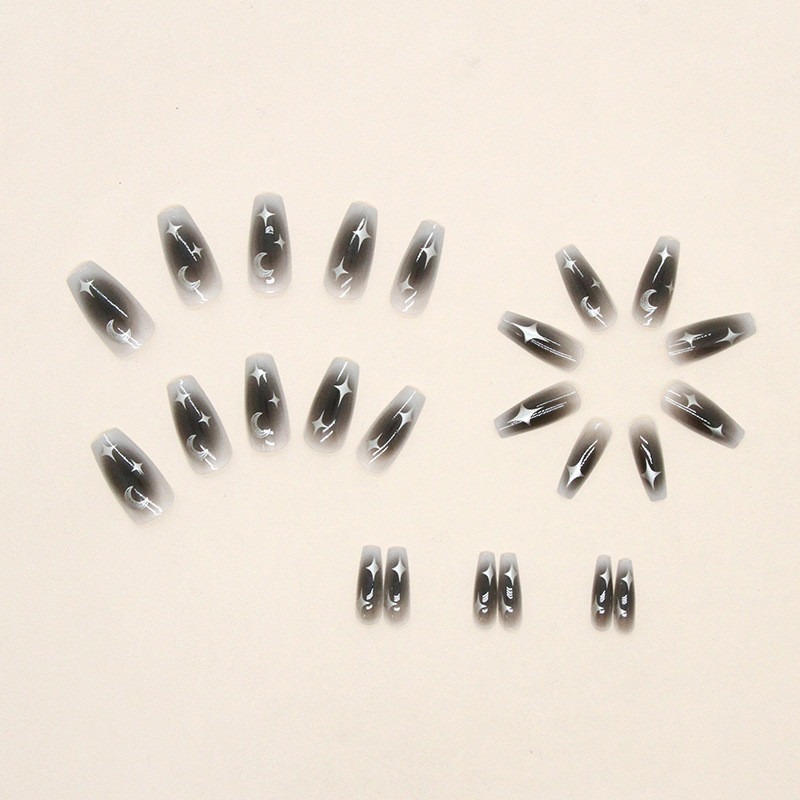 24Pcs Gray Silver Moon Star Long Fake Nails with Glue DIY Art Design False Nails Wearable Nails Artificial Nails. 