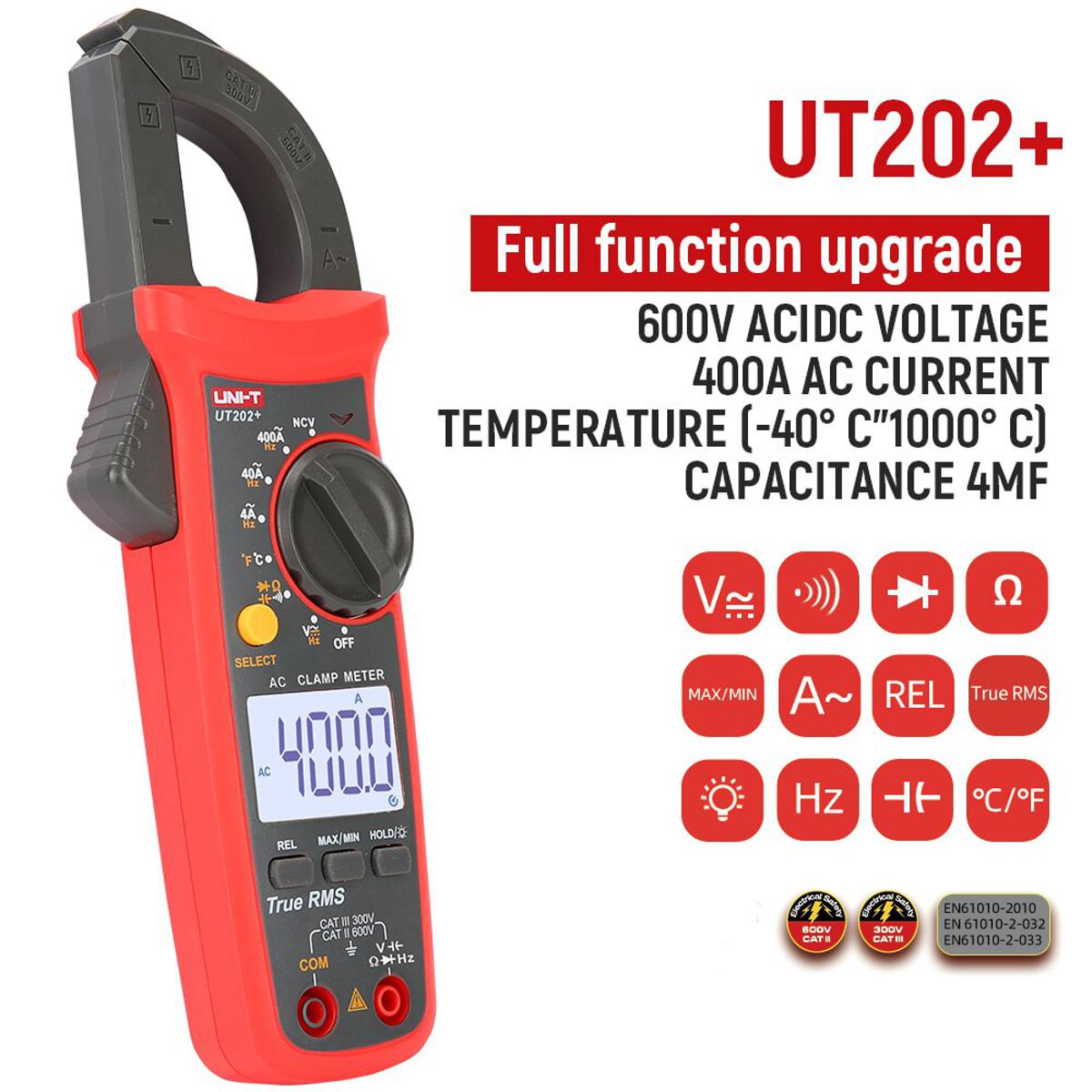 UNI-T UT202+ Digital True RMS Clamp Meter AC Current 400A, Voltage AC/DC 600V, Current Frequency 50Hz~100Hz, Voltage Frequency 10Hz~10kHz, Resistance 40MΩ Capacitance 4mF Temperature -40℃~1000℃  - Kings Trading