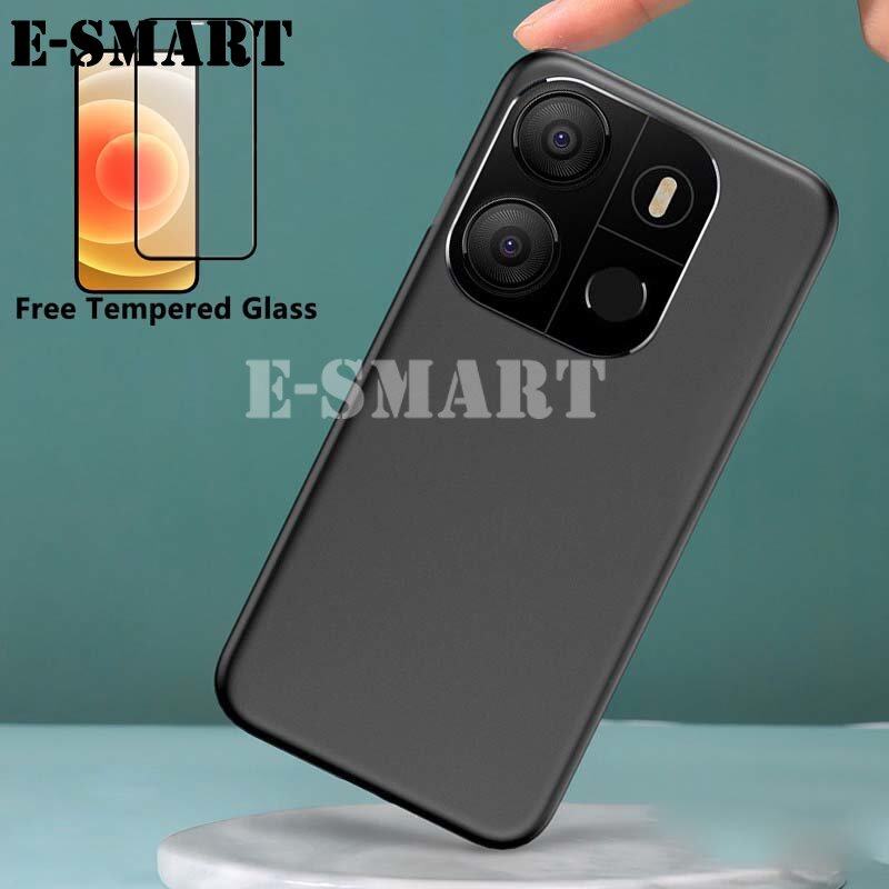 Phone Case For Tecno POP 7 Back Cover + Tempered Glass Screen Protector Film Transparent Clear Silicone Cover Full Protector Phone Casing for Tecno POP 7 Housing