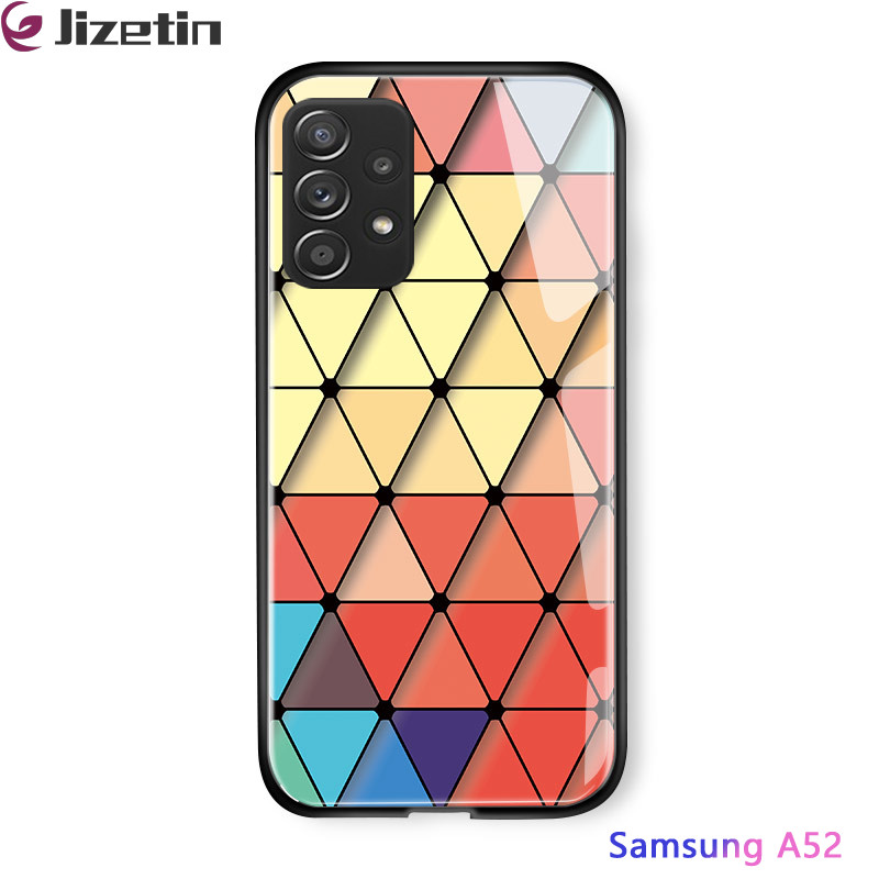 Jizetin for Samsung A52S 5G / A52 / A52 5G Glass Back Cover Decorative Pattern Glossy Tempered Glass Shockproof Soft Edge Phone Cases. 