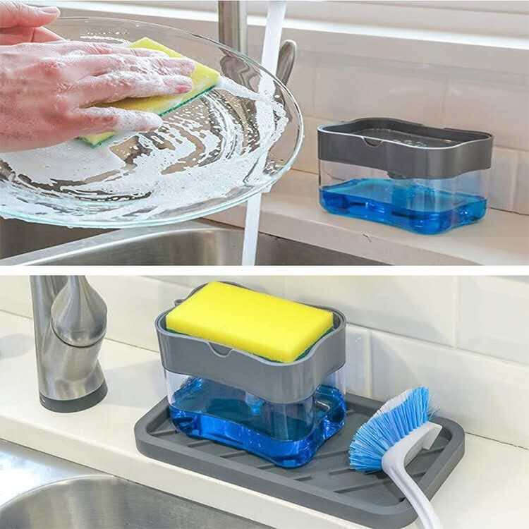 2 in 1 Premium Kitchen Manual Press Liquid Soap Pump Dispenser Washing Sponge Dish Wash. 