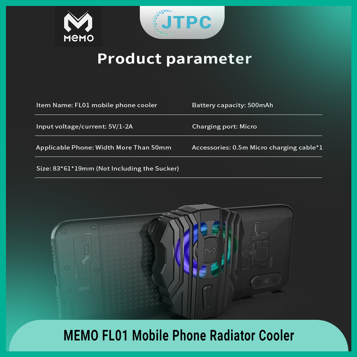 Memo FL01 Mobile Phone Radiator Cold Mobile Phone Cooler Controller Led Light Cooling Fan - Black. 