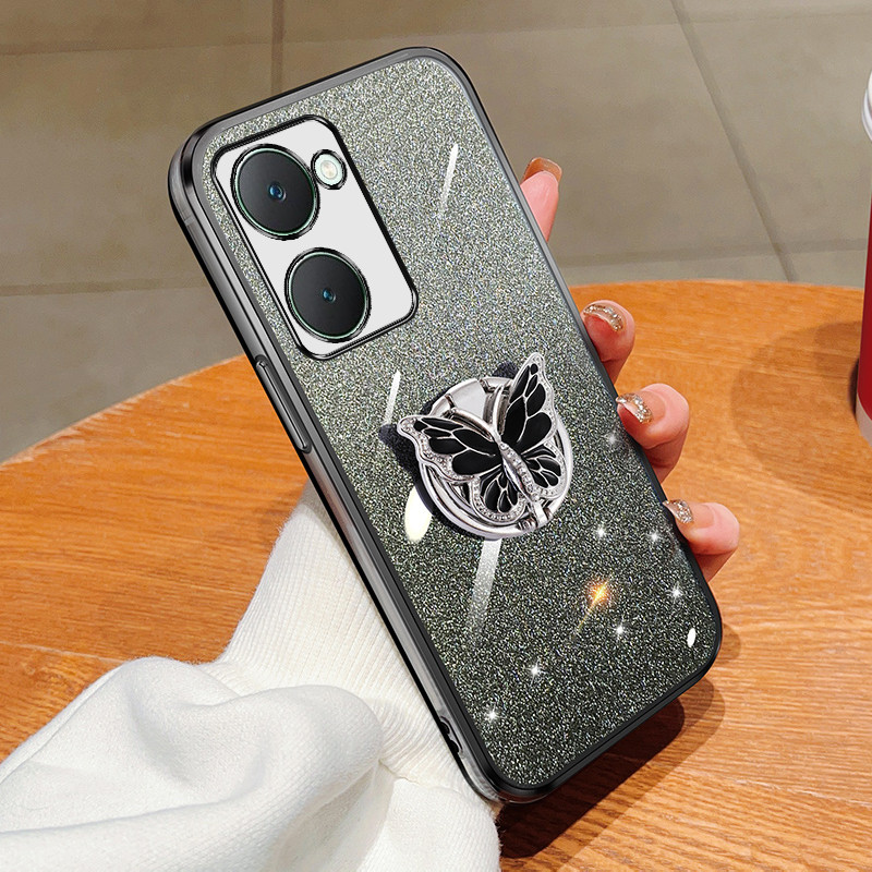 New Phone case VIVO Y03 Back cover Rhinestone Colored metal Butterfly Holder Bracket +Glitter Clear Soft TPU Patterned Casing