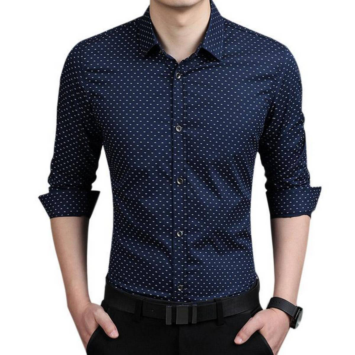 mens blue shirt with white spots