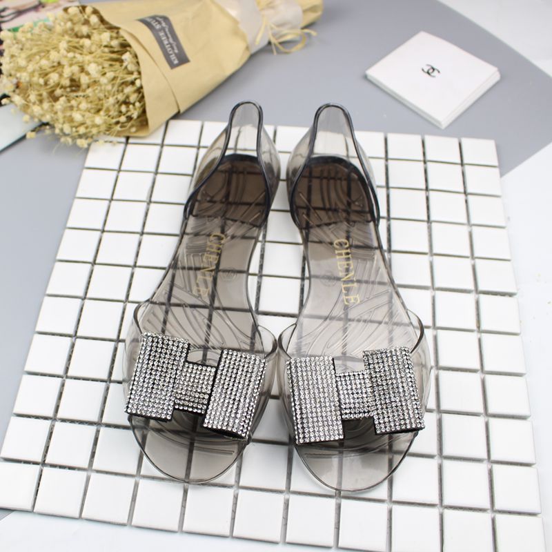 Charm shark summer new daily casual bow rhinestone clear crystal fish mouth flat plastic women's sandals shoes