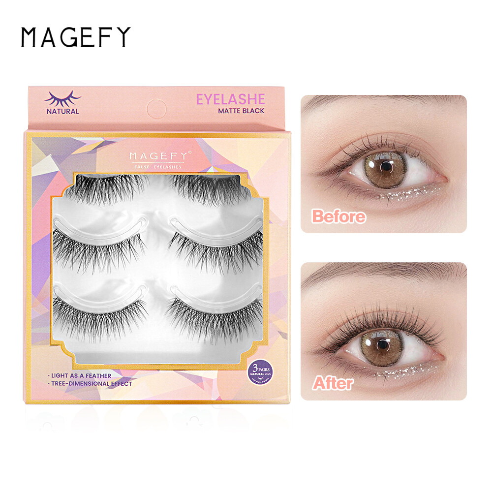 MAGEFY 3 Pair/Box 3D Natural Eyelashes Extension Full Set High Quality Hand-Made 11mm False Eyelashes C-Degree Curling Eyelashes Extension Full Set Original. 