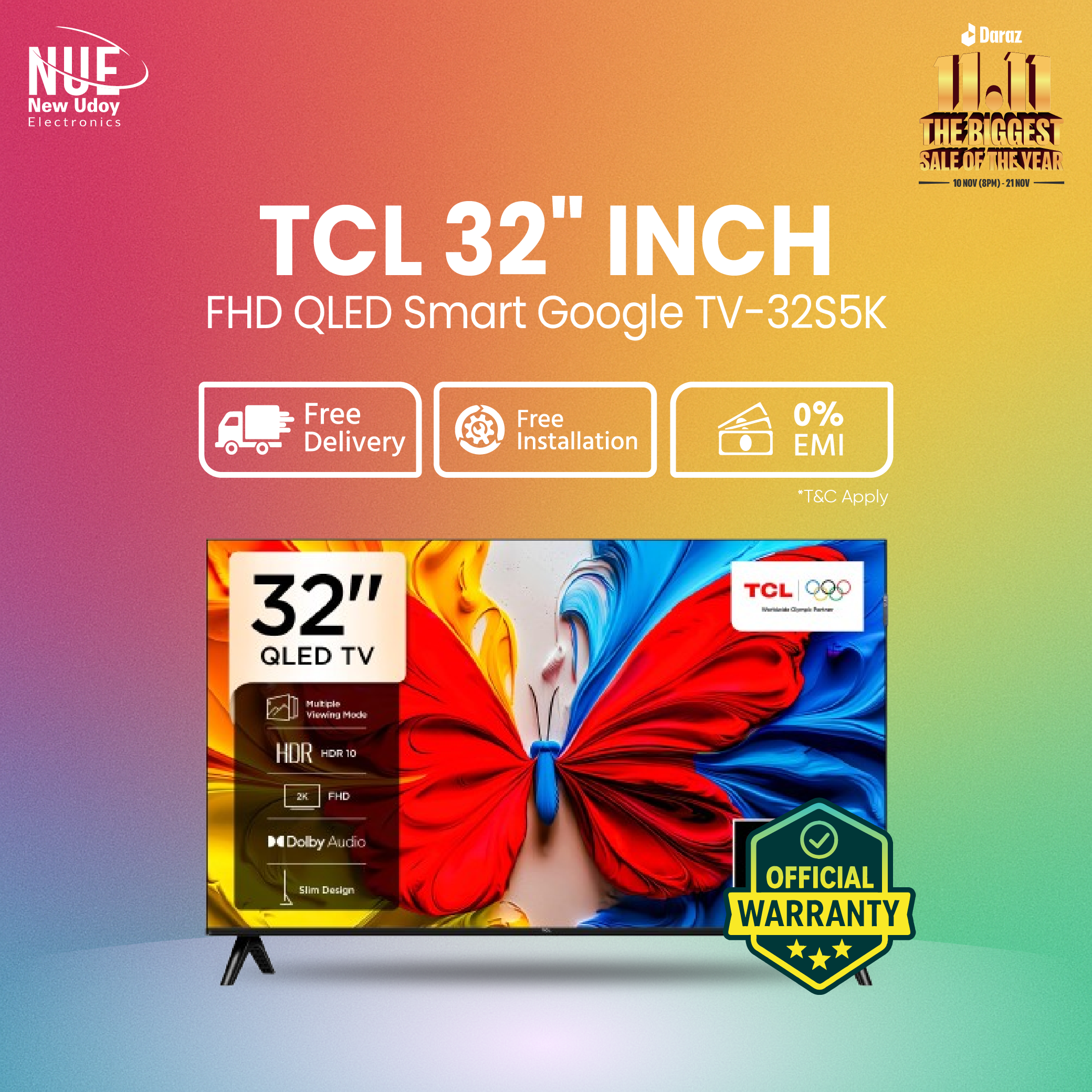 TCL 32S5K 32 inch FHD QLED Smart Google TV (Official) Price in Bangladesh | New Udoy Electronics