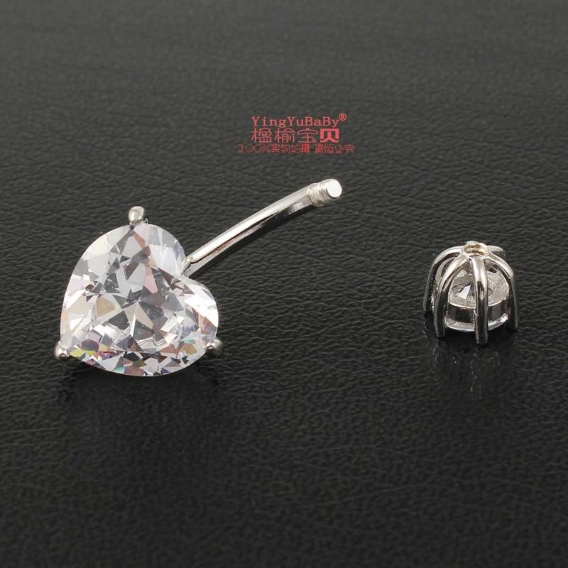 925 pure silver belly button ring real genuine silver navel ring body piercing jewelry heart stone zircon pin length 6 8 10 mm. 