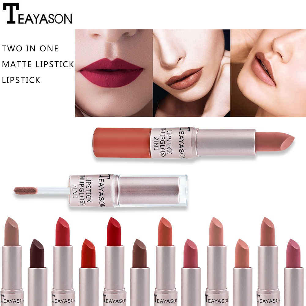 Double head non stick cup matte matte matte lip gloss 2-in-1 matte bean paste non fading cup lipstick for women. 