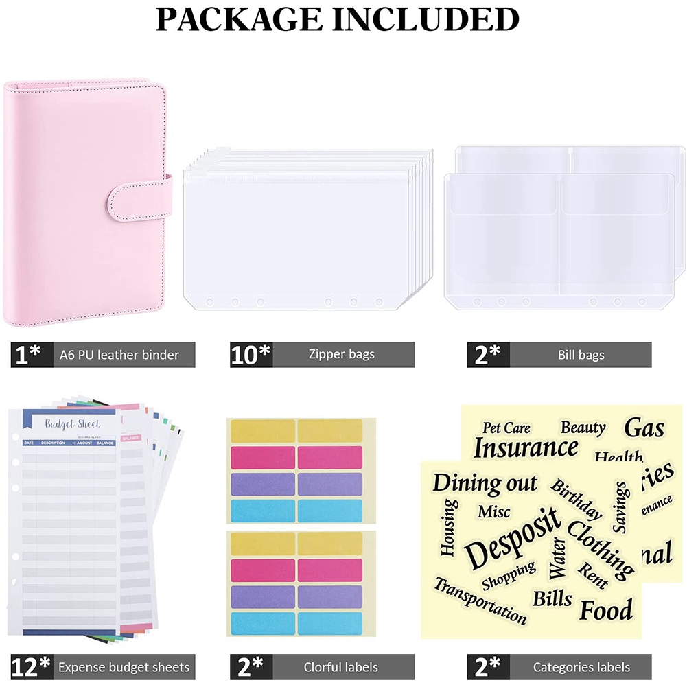 Budget Binder, A6 PU Notebook Planning Notepad, Replaceable 6 Ring Binder Coverfor Personal Planning of Budget Saving B. 