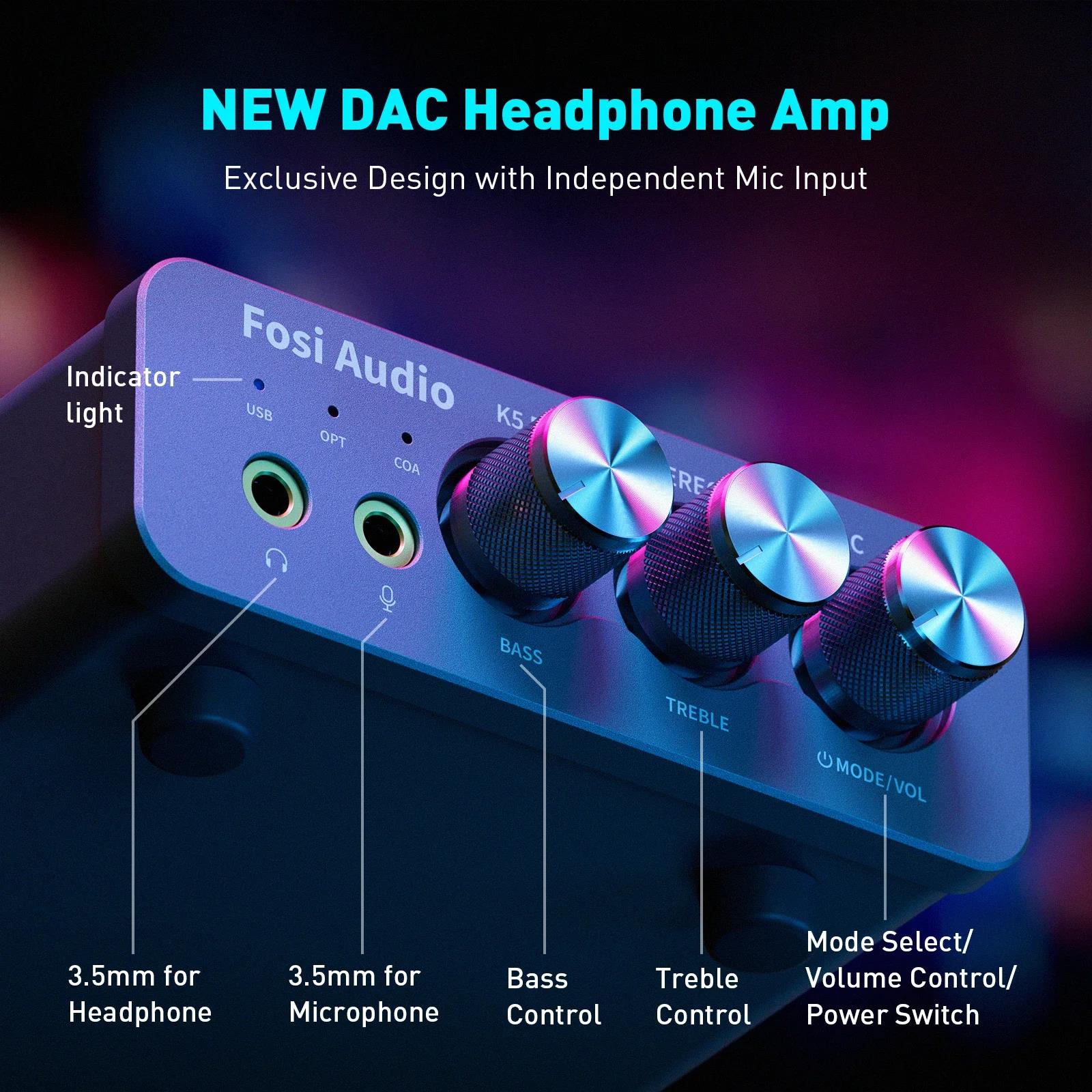 Fosi Audio K5 PRO USB Gaming DAC With Microphone Headphone Amplifier Mini Audio DAC for PS5 Desktop Powered Active Speakers. 