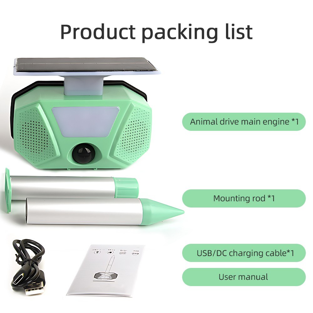 Solar Mole Repellent Ultrasonic Outdoor Pest Bird Squirrel Animal Repeller IP66 Waterproof 110° PIR Sensor Auto Motion Detection with Flash LEDs Voice Alarm Detachable Rod. 