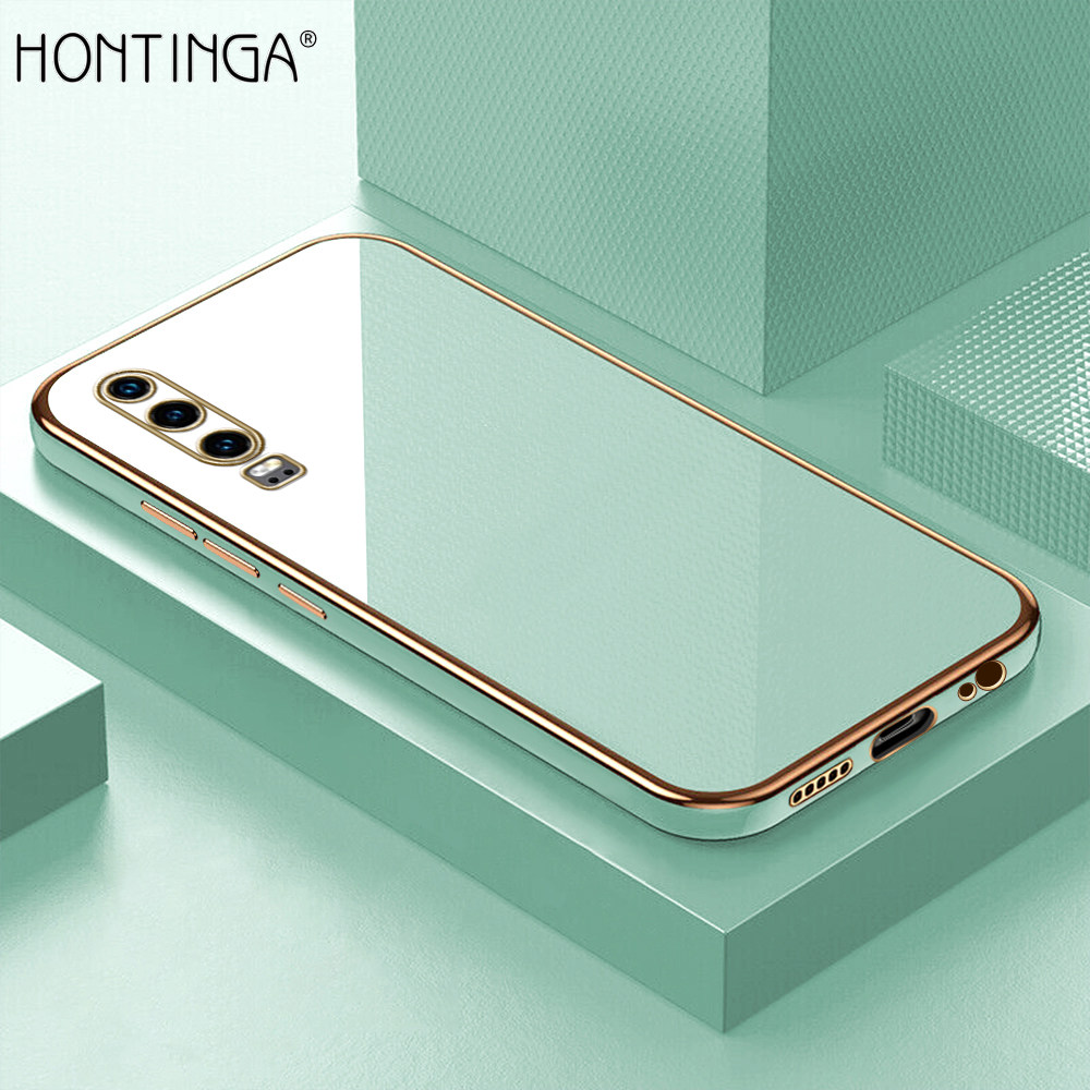 Hontinga for Huawei P30 Back Cover + Free Lanyard Luxury 6D Plating Frame Shiny Bling Case Soft Silicone Square Phone Cases