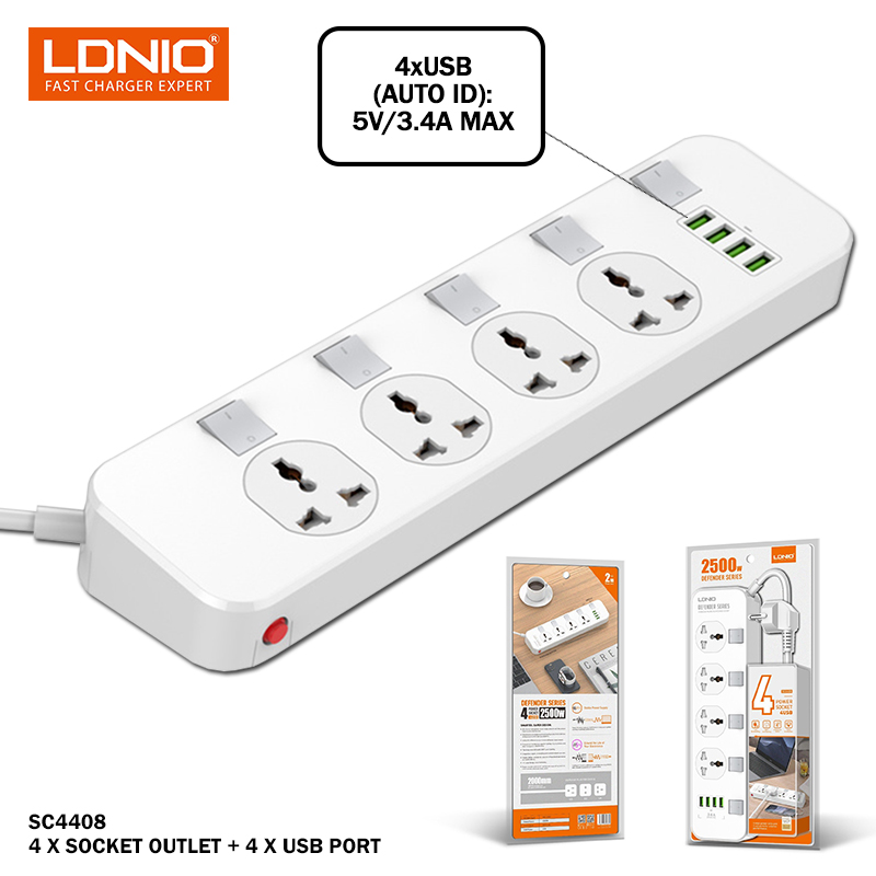 LDNIO SC4408 (ORG) Electrical Socket Smart Extension Multifunction Power Supply Strip Charger Adapter With 4 USB Port. 