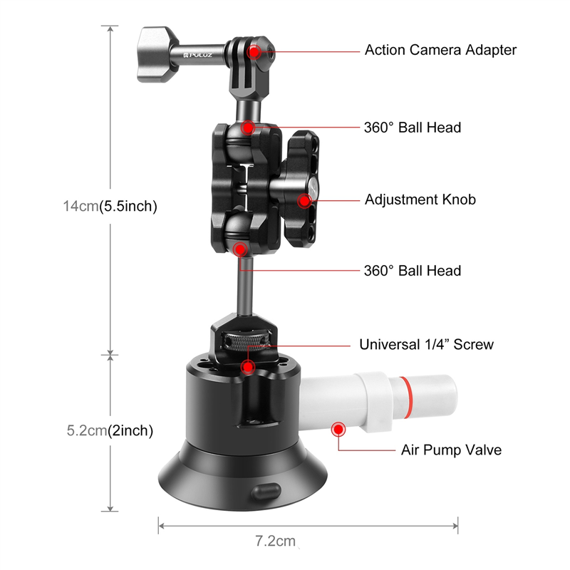 PULUZ Car Suction Cup Mount Action Camera Mount For GoPro Hero 11/10/9/8 Bracket 3Inch Dual Rotatable Ballheads. 