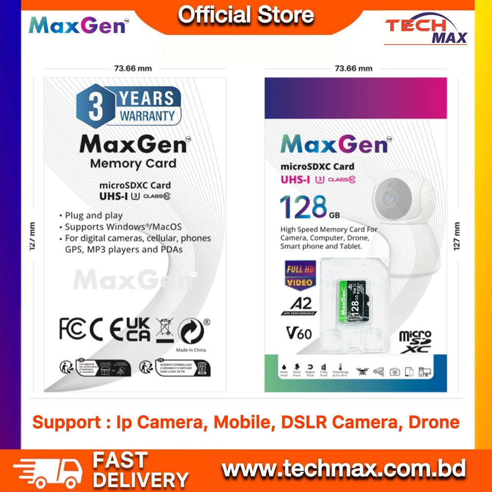 MaxGen 128GB Micro SD TF Memory Card Data Storage U3 High Speed For Ip Camera, DSLR, Drone, Smartphone & CCTV Camera. 