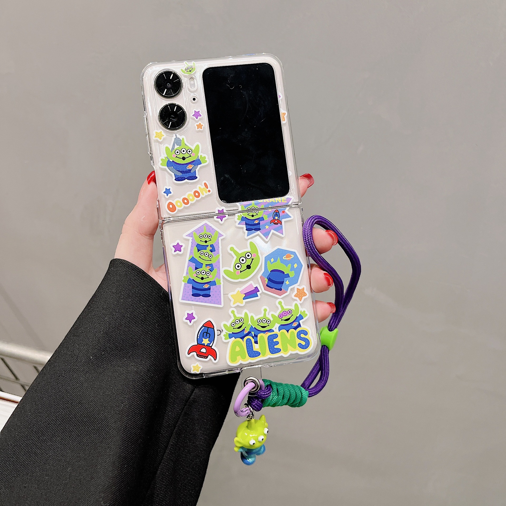 Cartoon Three-Eyed Alien Label Applicable OPPO Find N2Flip Folding Screen Mobile Phone Shell Transparent PC Hard Shell New. 