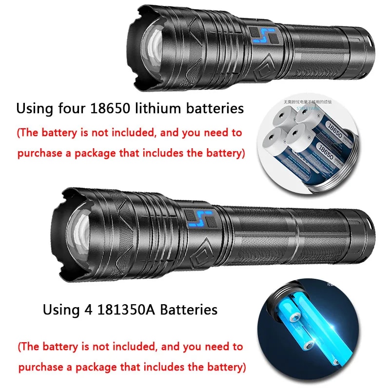 20000LM Super Bright Tactical Flashlight 100W GT60 Long Range Powerful LED Torch USB Rechargeable Using 4 181350A Batteries. 