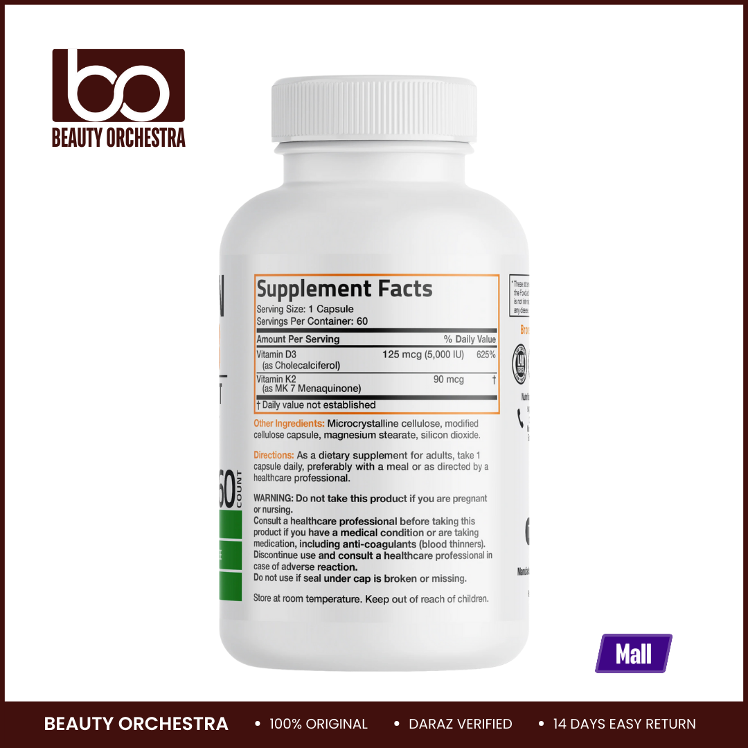 Bronson Vitamin K2 MK-7 Plus Vitamin D3 - 60 Capsules (D3 5000iu & K2 90mcg). 