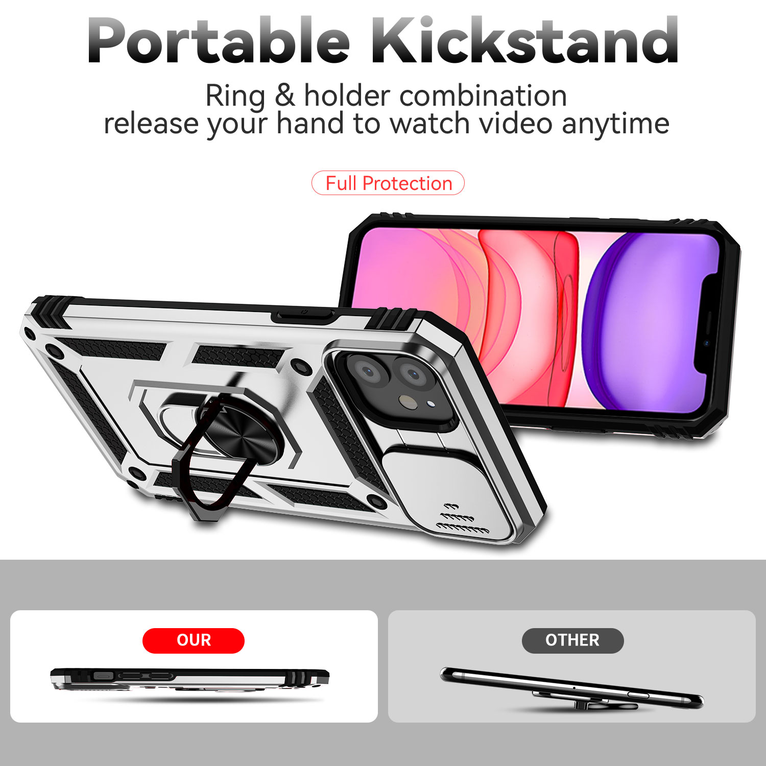For iPhone 12 Mini Case with Slide Camera Cover, 360° Ring Holder Metal Kickstand, work for Phone Holder Car Mount, Drop Peep Protection. 