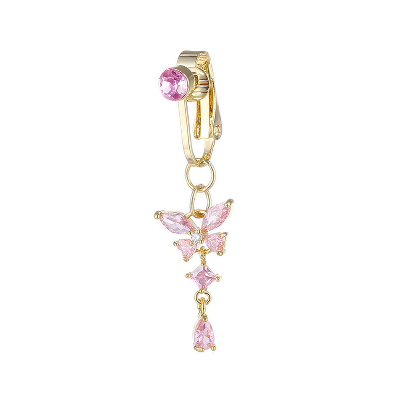Navel Ring Copper Micro-Inlaid Pink Butterfly Style Navel No Hole Navel Ring No Piercing Navel Jewelry Piercing